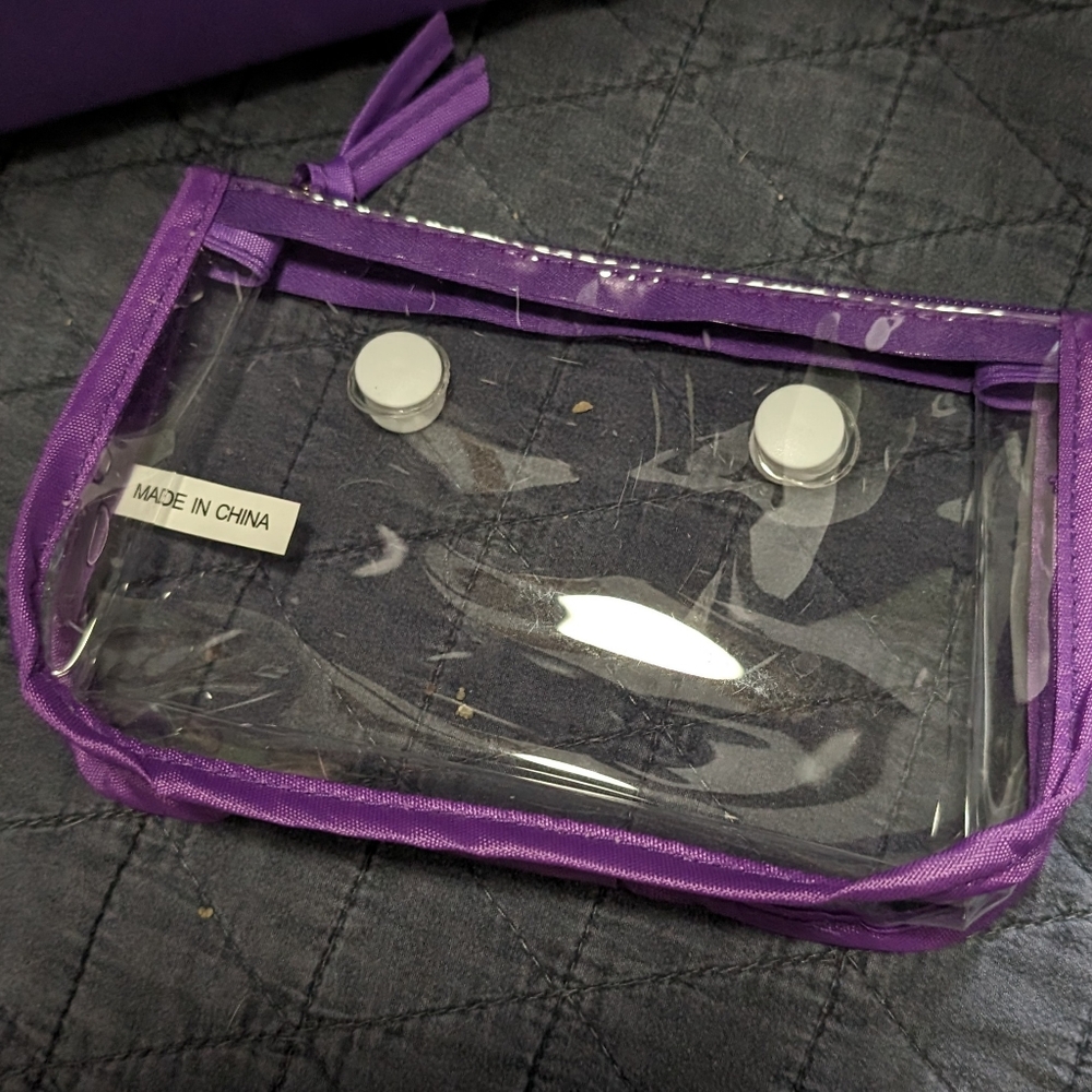 Bogg XL Purple bag and large and small clear make up bags